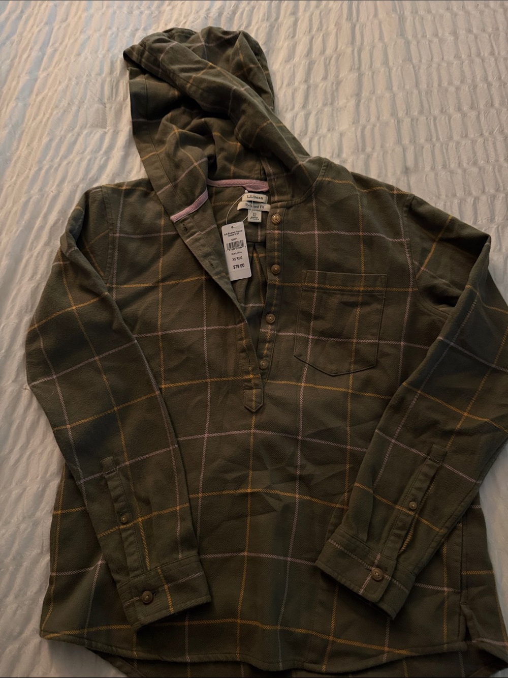 L.L. Bean Olive Plaid Hooded Henley Shirt